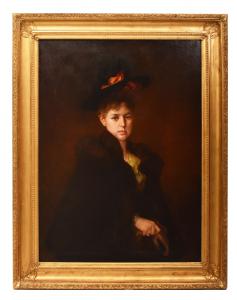 QUADRI ANTICHI, RITRATTI DI DONNA CON CAPPELLO E GUANTI, GRANDE OLIO SU TELA, OTTOCENTO. (QR729)